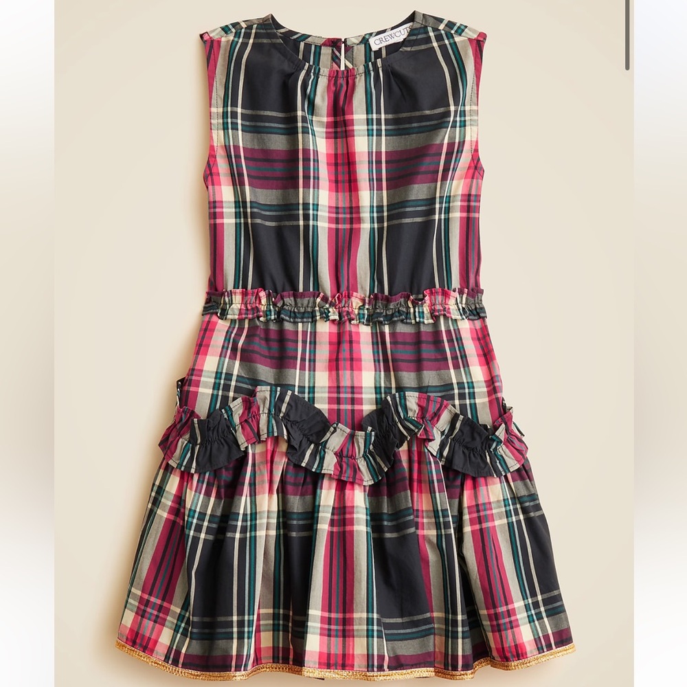 New with tags J.Crew cotton poplin ruffle dress in Stewart tartan Pink and navy